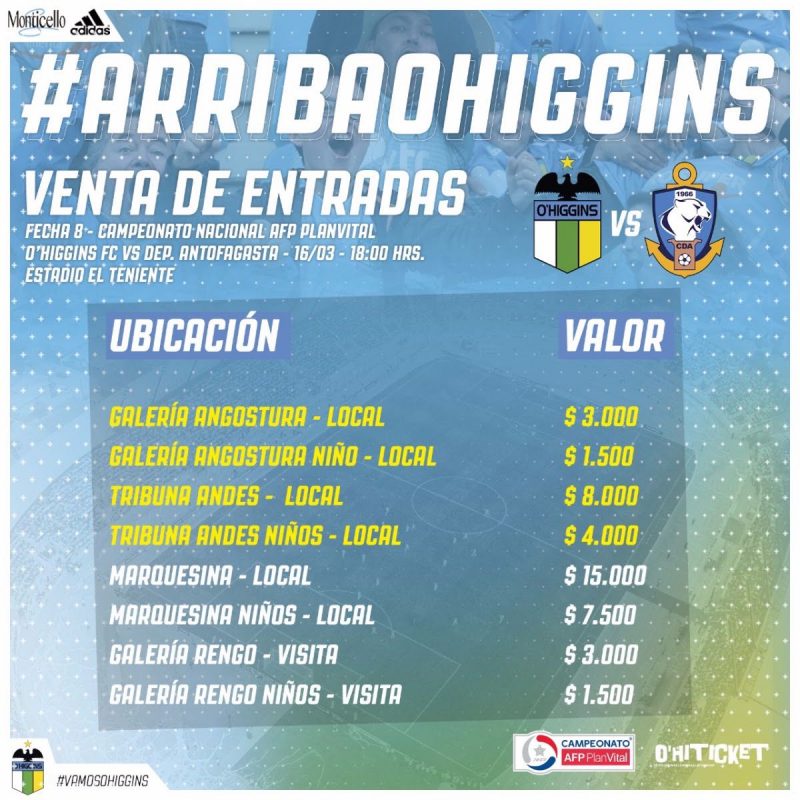 O’Higgins dispone valores de entradas rebajados para alentar frente a Deportes Antofagasta